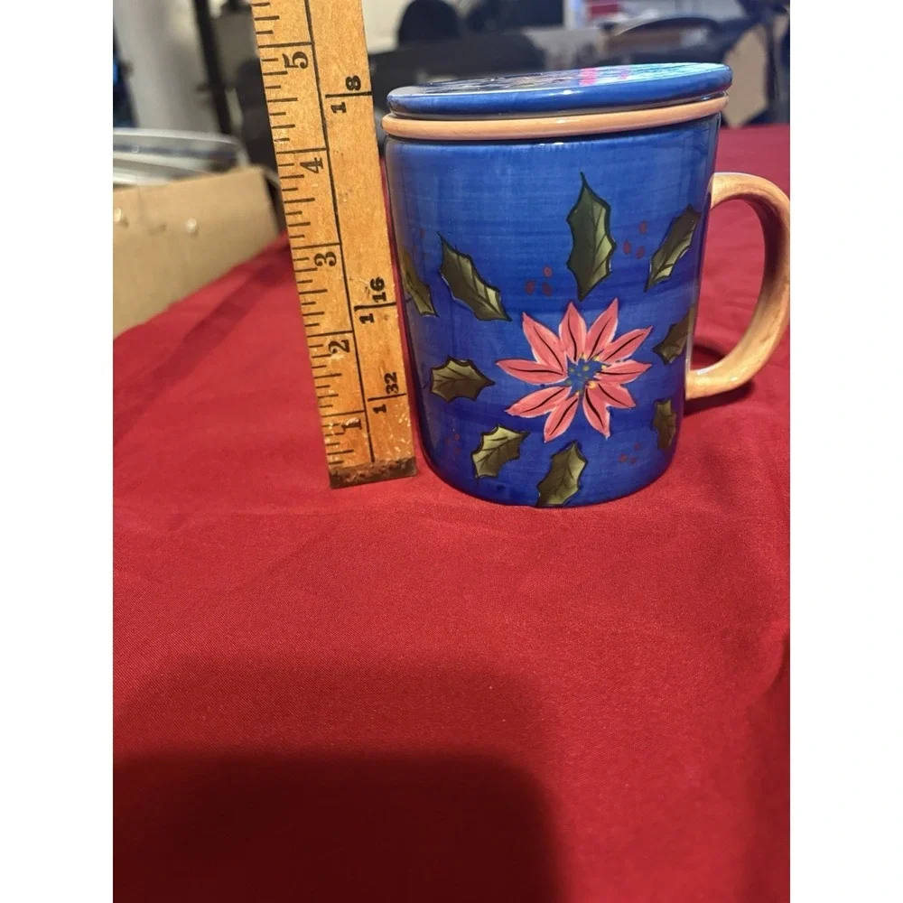 Barnes & Noble Poinsettia Tea Infuser Mug 3pc Set Cup Lid NWOB Christmas Blue